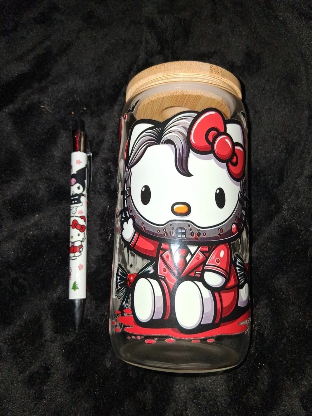 Hello Kitty Red and White Glass Storage Jar with Bamboo Lid
